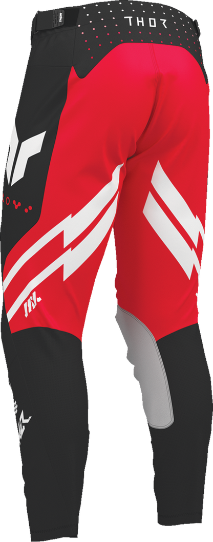 THOR Launchmode Futura Pants in black and red with durable leather inner knee grips, US size 34, designed for motocross riding.
