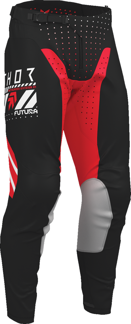 Black and red THOR Launchmode Futura Pants with US size 40, featuring sleek design and durable fabric, shown on a mannequin.