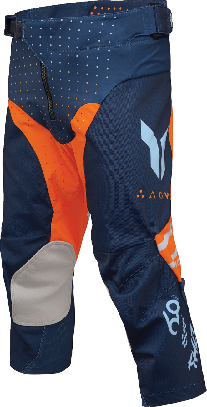THOR Youth Launchmode Futura Pants in navy and orange, featuring athletic fit and logo details, suitable for active wear.