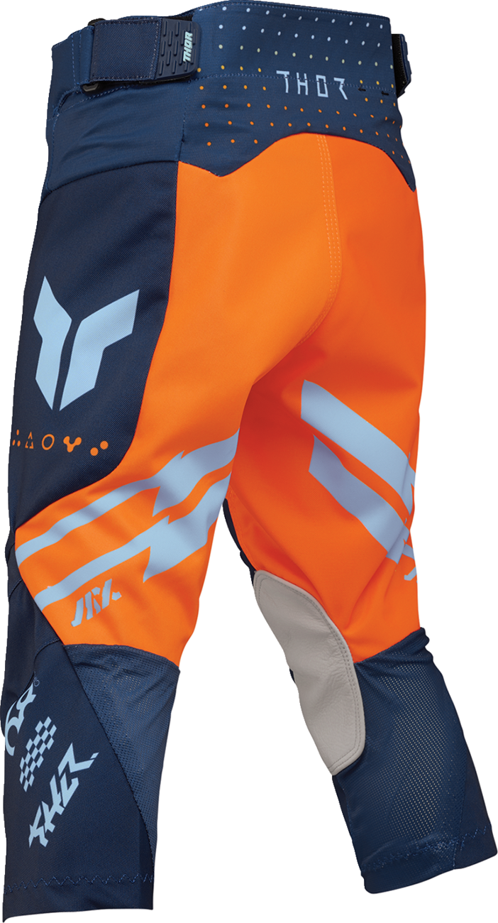 THOR Youth Launchmode Futura Pants in navy and orange, lightweight motocross pants with reinforced knee areas.