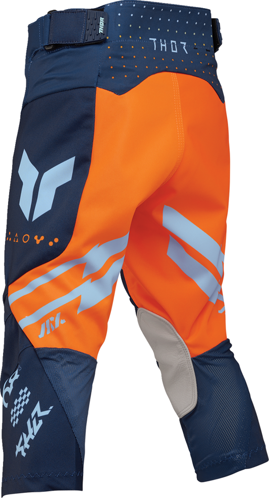 THOR Youth Launchmode Futura Pants in navy and orange, lightweight motocross pants with reinforced knee areas.
