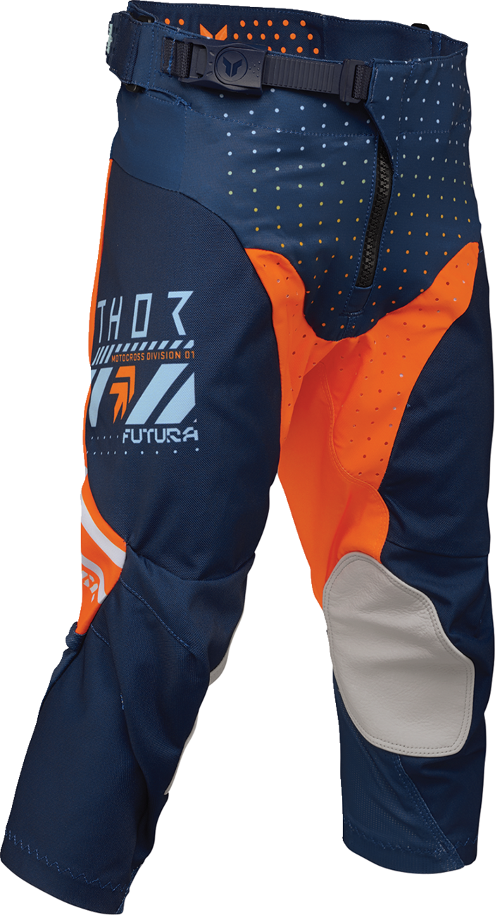Youth THOR Launchmode Futura Pants in navy and orange, featuring athletic fit and durable fabric for active riding.