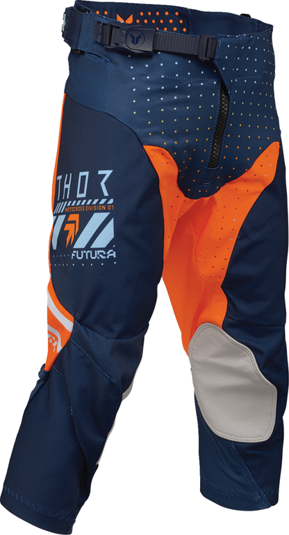 Youth THOR Launchmode Futura Pants in navy and orange, featuring athletic fit and durable fabric for active riding.