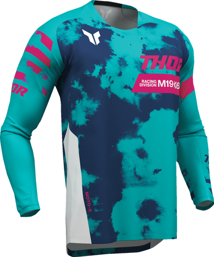 THOR Youth Launchmode Bleach Jersey in white and aqua, featuring bold graphics and sporty design for young motocross riders.