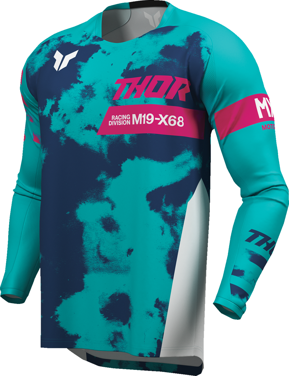 Youth THOR Launchmode bleach jersey in white and aqua, featuring bold design and athletic fit for motocross riding.