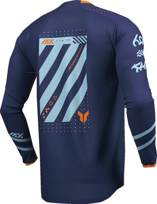Navy and orange THOR Youth Launchmode Futura Jersey featuring bold design and breathable fabric, ideal for young motocross riders.