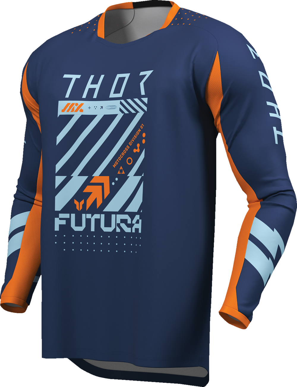 THOR Youth Launchmode Futura Jersey in navy and orange, featuring breathable fabric and sporty design for young motocross riders.