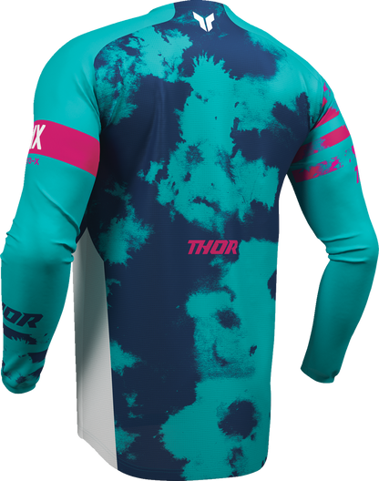 White and aqua THOR Launchmode bleach jersey motorcycle jersey in medium size, featuring bold design and durable fabric.