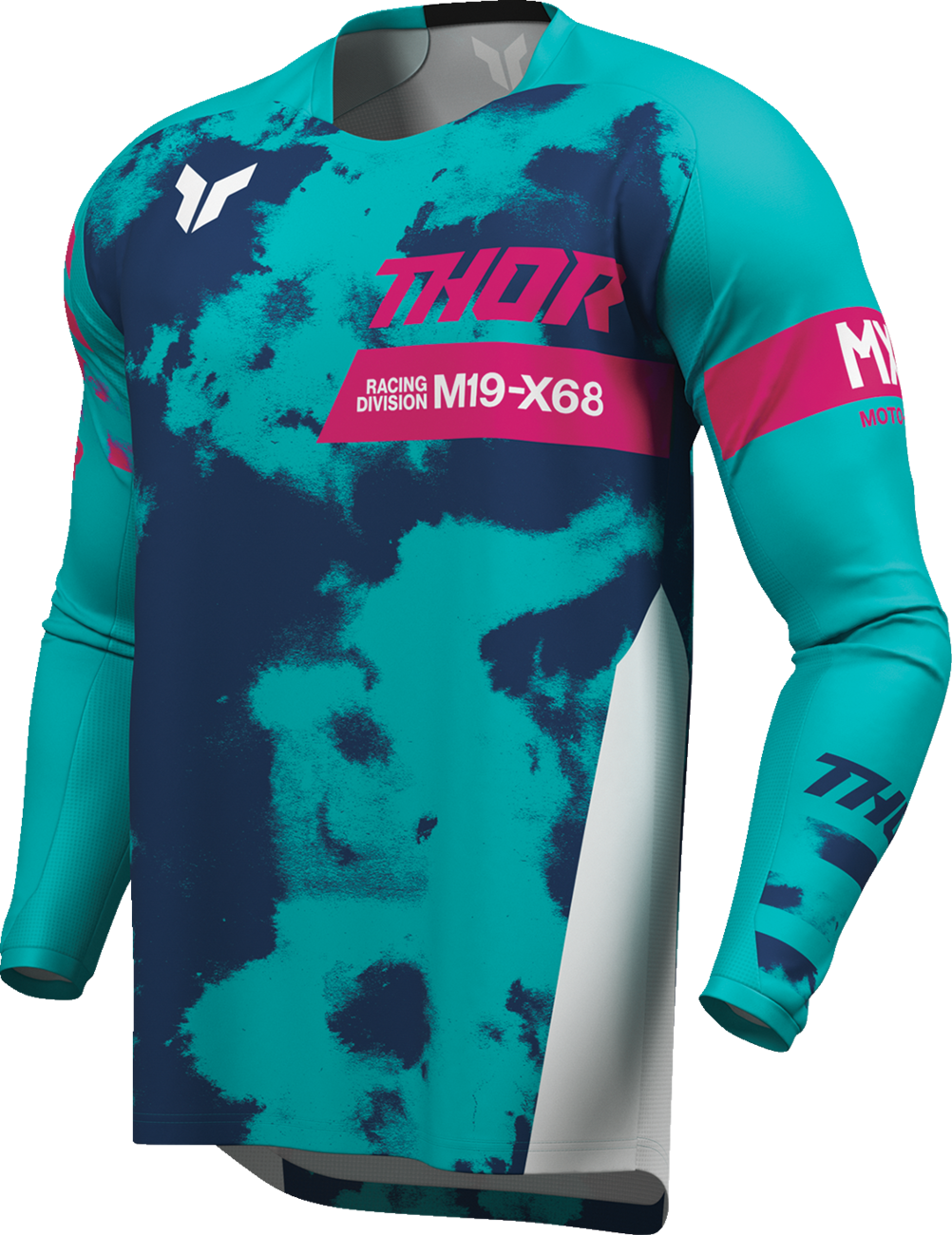 THOR Launchmode bleach white and aqua motorcycle jersey in XL, featuring comfortable performance design for riders.