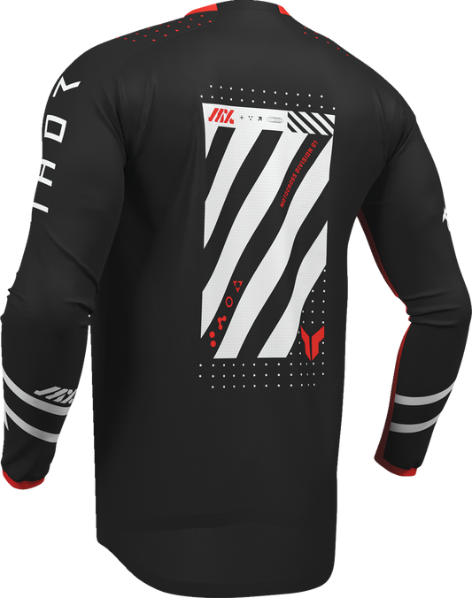 Black and red THOR Launchmode Futura jersey, large size, featuring lightweight, breathable fabric and aerodynamic design.
