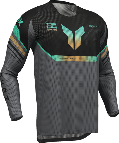 Black and charcoal THOR Launchmode Air Raptor jersey in XL, featuring lightweight fabric and sporty design for motocross riding.