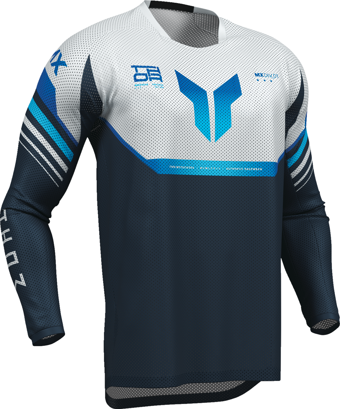 THOR Launchmode Air Raptor motocross jersey in 2XL, Midnight and Gray, with breathable fabric and performance design.