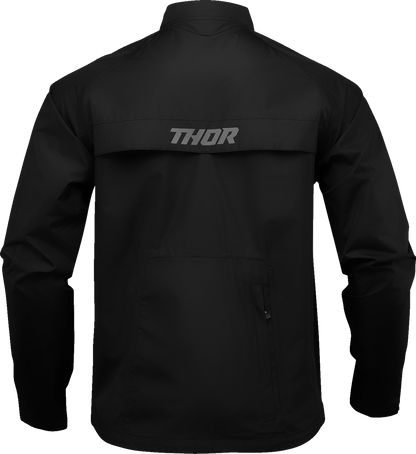 Black THOR Pack Jacket in XS size, lightweight and durable motorcycle jacket with protective features, front and side view.