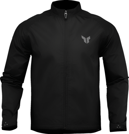 Black THOR Pack Jacket in medium size, featuring lightweight, durable fabric and a sleek design for versatile outdoor wear.
