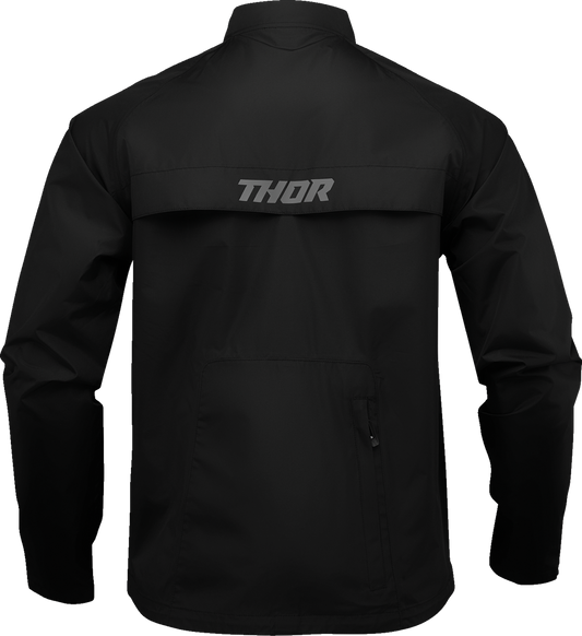 Black THOR Pack Jacket for motorcycle riding, large size, with visible zippers and protective features on the model.