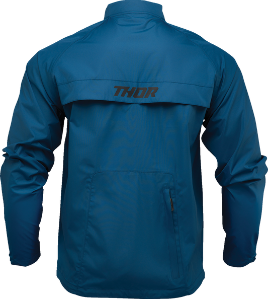 THOR Storm Blue Pack Jacket for motorcycle riding, water-resistant with ventilation and storage, shown in small size.
