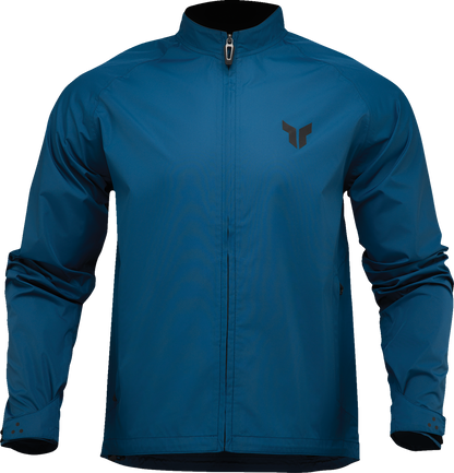 Thor Pack Jacket in Storm Blue, large waterproof motorcycle outerwear with ventilation and storage pockets, designed for riding comfort.