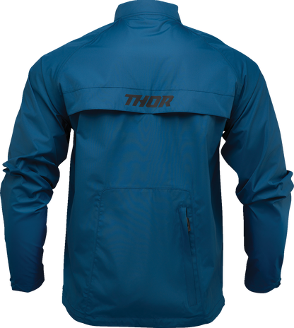 Thor Pack Jacket Storm Blue, large waterproof motorcycle outerwear with ventilation and storage, shown in this image.