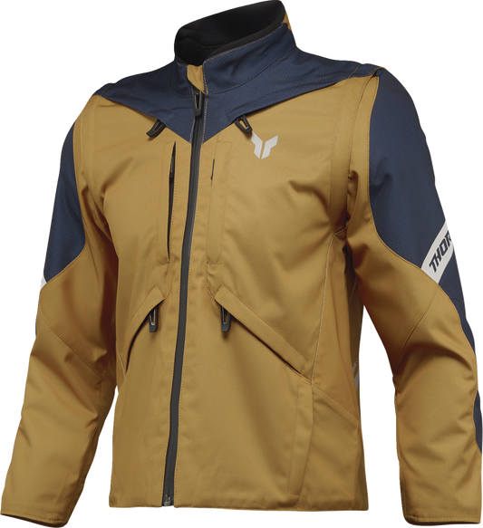 THOR Women's Terrain Jacket in caramel and midnight colors, medium size, featuring a sporty, durable motorcycle jacket design.