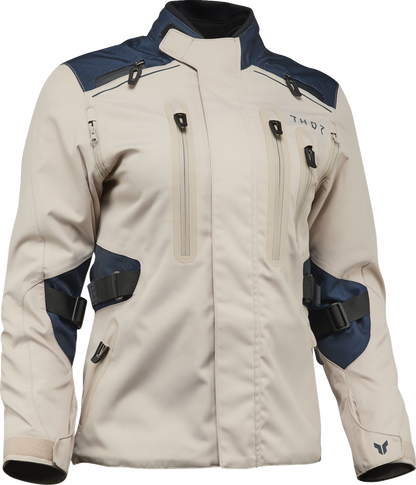 THOR Women's Range Jacket in Sand and Midnight, size Large, shown in a close-up of the durable outdoor jacket with zip details.