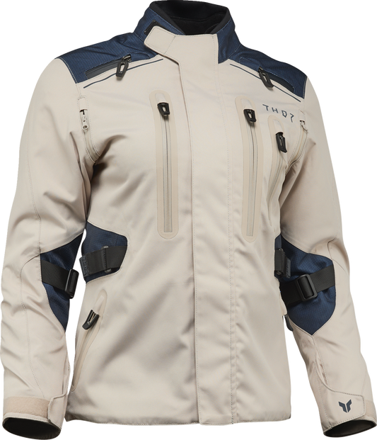 THOR Women's Range Jacket in Sand and Midnight, size Large, shown in a close-up of the durable outdoor jacket with zip details.