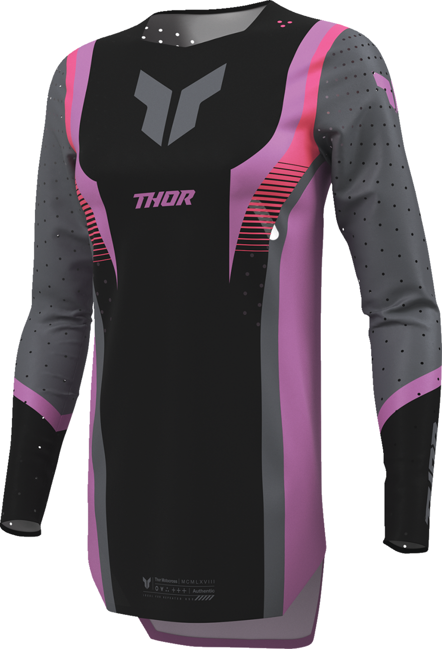 THOR Women's Sportmode Velocity Jersey in black and orchid, featuring lightweight athletic fabric and sporty design.