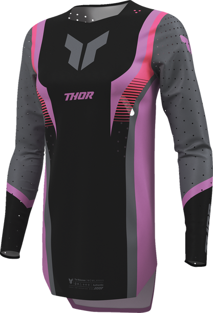 THOR Women's Sportmode Velocity Jersey in black and orchid, featuring lightweight athletic fabric and sporty design.