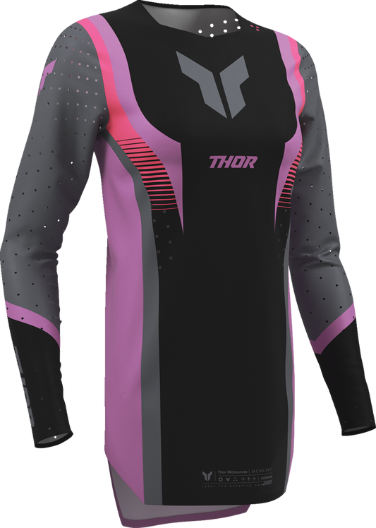 THOR Women's Sportmode Velocity Jersey in black and orchid, featuring lightweight, breathable fabric and sporty design.