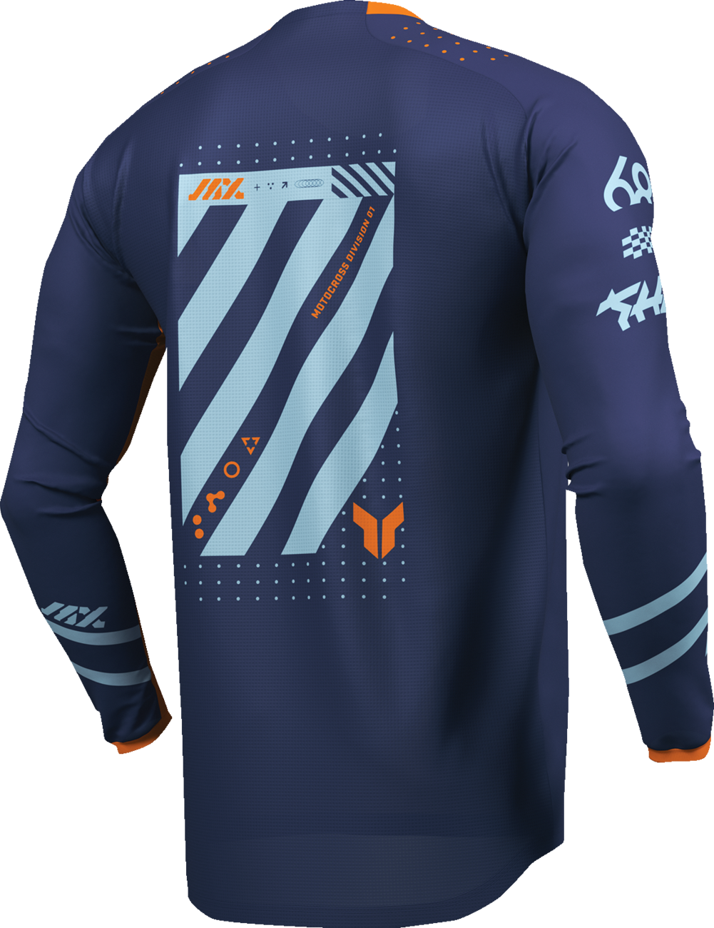 Youth THOR Launchmode Futura Jersey in navy and orange, featuring breathable fabric and sporty design for motocross riding.