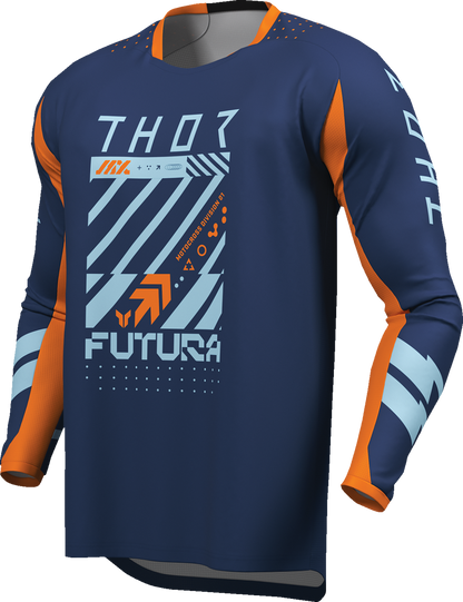 THOR Youth Launchmode Futura Jersey in navy and orange, lightweight cycling jersey with logo, front view.