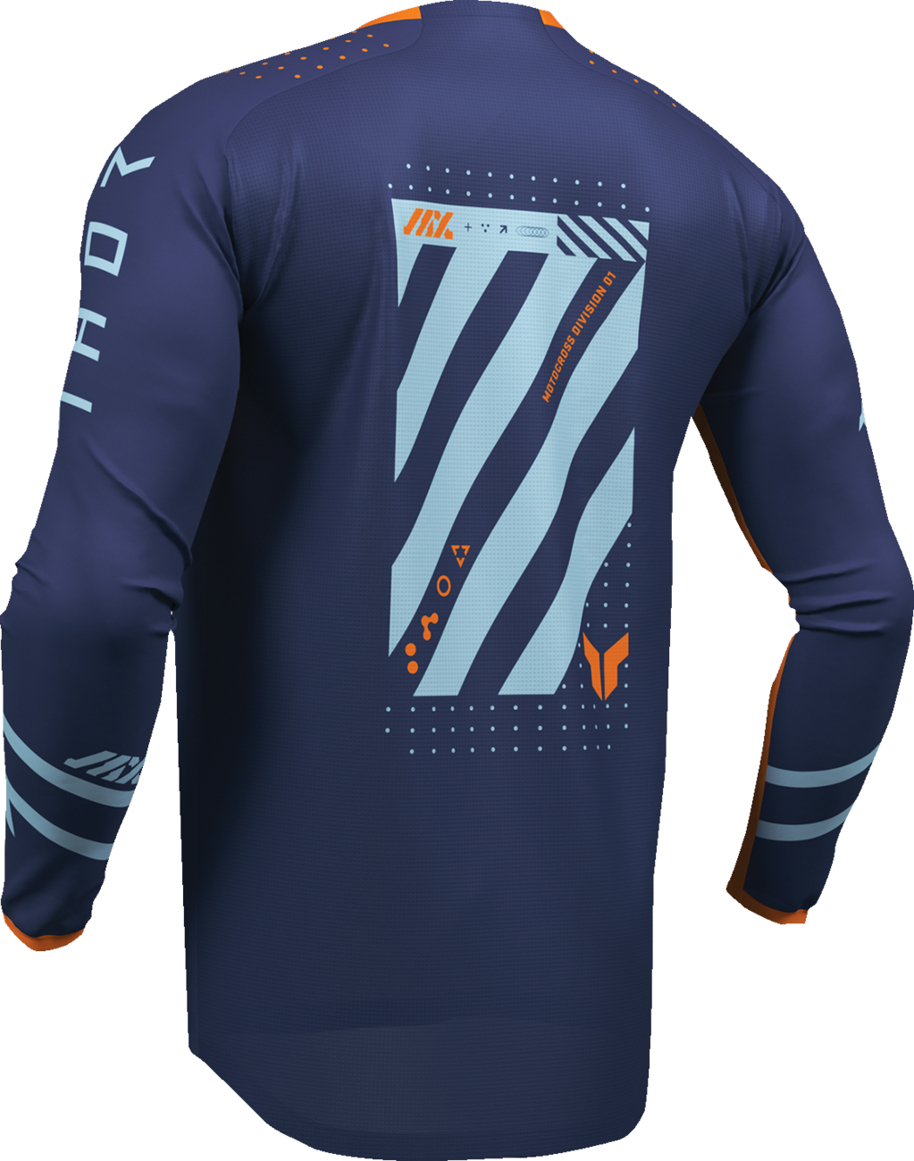 Youth THOR Launchmode Futura Jersey in navy and orange, featuring breathable fabric and sporty design for young riders.