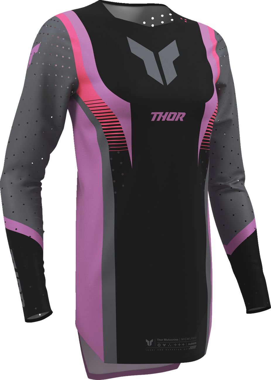 Black and orchid women's THOR Sportmode Velocity Jersey, small size, featuring sleek design and breathable fabric.