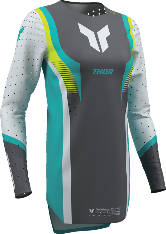 Gray and aqua THOR Women's Sportmode Velocity Jersey, small size, featuring moisture-wicking fabric and athletic fit.