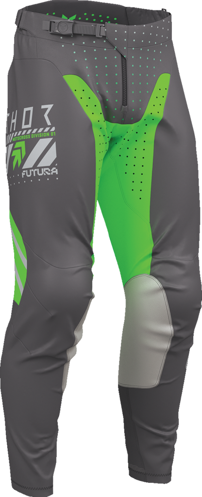 THOR Launchmode Futura motorcycle riding pants in charcoal and green with breathable ventilation and secure fit.