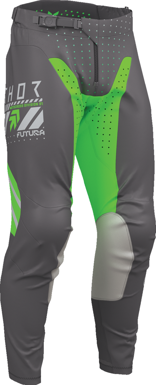THOR Launchmode Futura motorcycle riding pants in charcoal and green with breathable ventilation and secure fit.