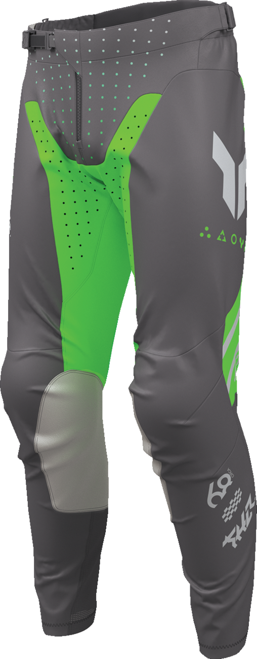 THOR Launchmode Futura motorcycle riding pants in charcoal and green, featuring breathable ventilation and secure fit.