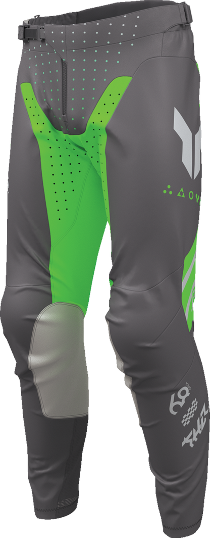 THOR Launchmode Futura motorcycle riding pants in charcoal and green, featuring breathable ventilation and secure fit.