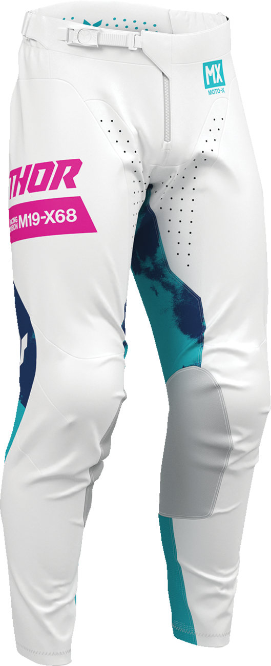 THOR Launchmode bleach motocross riding pants in white and aqua, featuring durable material and ventilation for motocross riding.