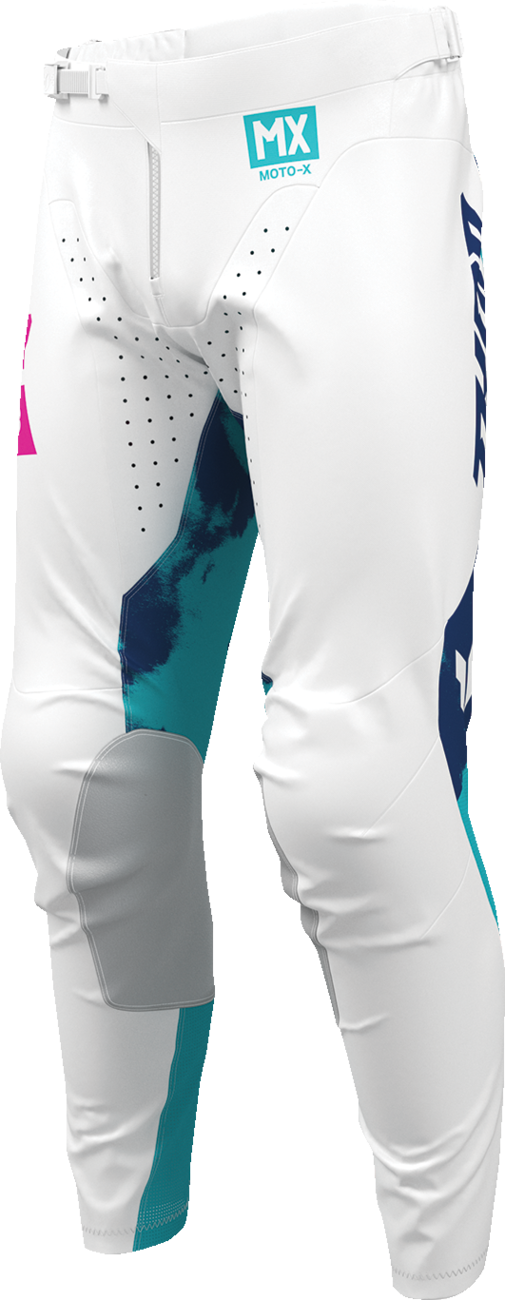 THOR Launchmode bleach pants in white and aqua, durable motorcycle riding gear with reinforced stitching and protective design.