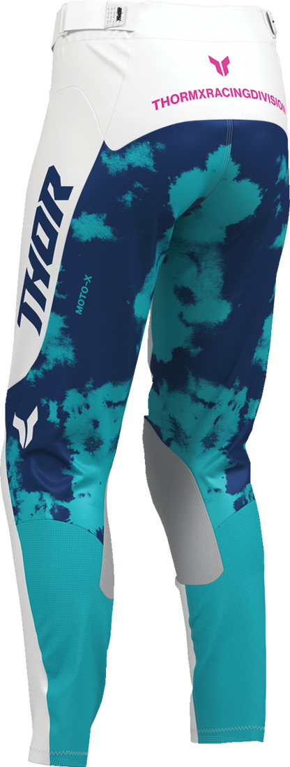 THOR Women's Launchmode Bleach Pants in white and aqua, casual style with distressed details, US size 9/10, front view.