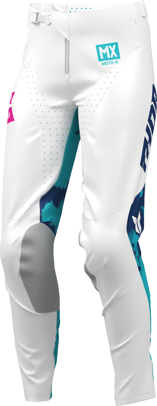 THOR Women's Launchmode Bleach Pants in white and aqua with distressed details, size US 9/10, casual streetwear style