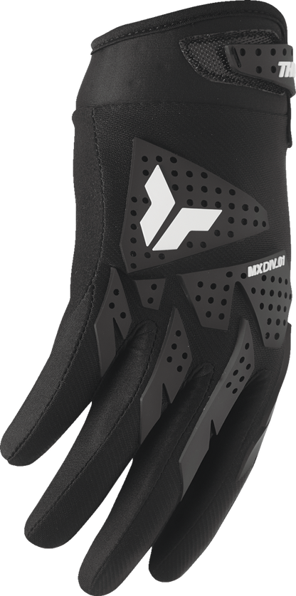 Black THOR Women's Launchmode XP Gloves in size XL, showing the padded, textured riding gloves with branding on the back.