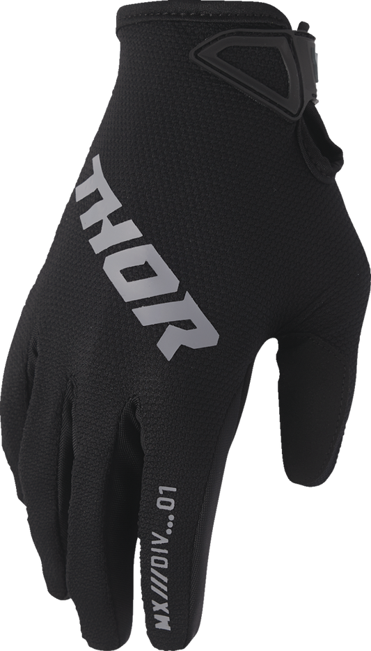 Black THOR Youth Ridemode Static Gloves in medium size with padded palms and adjustable wrist closures.