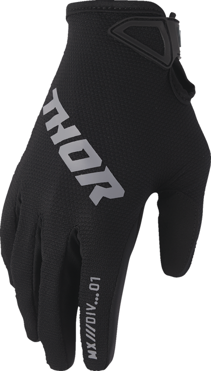 Black THOR Youth Ridemode Static gloves in large size with reinforced palms and secure wrist closures.