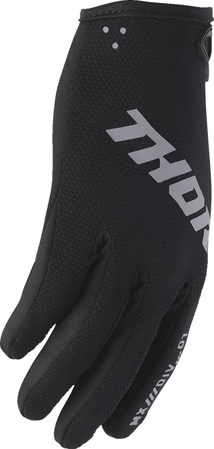 Black THOR Youth Ridemode Static Gloves in medium size, featuring padded knuckles and secure wrist closure.