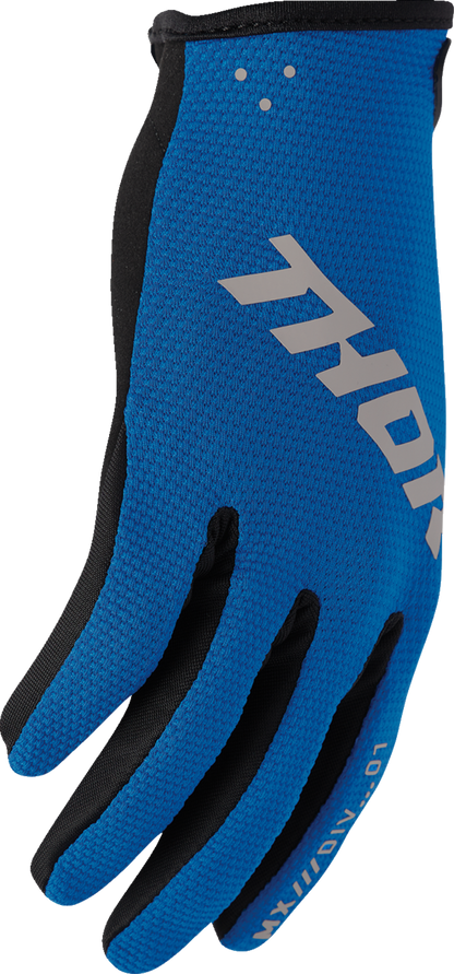 THOR Youth Ridemode Static Blue Gloves in small size, featuring padded knuckles and breathable fabric for motocross riding.