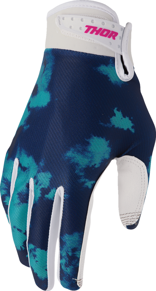 THOR Launchmode bleach gloves in white and aqua, medium size, made for protective cleaning and handling chemicals.