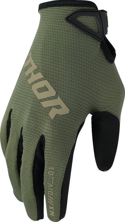 THOR Youth Ridemode Static Camo Gloves in small size, featuring camouflage design, flexible fabric, and secure wrist closure.