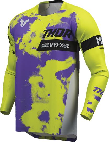Gray and acid-colored THOR Youth Launchmode Bleach Jersey in medium size, featuring athletic design and breathable fabric.