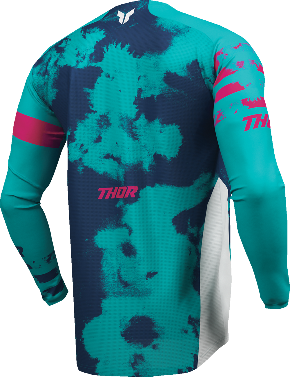 White and aqua THOR Youth Launchmode Bleach Jersey showing front view with team logo and athletic design details.
